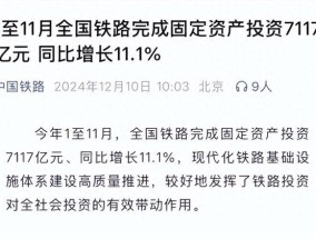 全国铁路完成固定资产投资超7000亿元 全年有望破8000亿大关