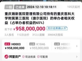 重庆医科大学附属第三医院拍卖成交 9.58亿高价落锤