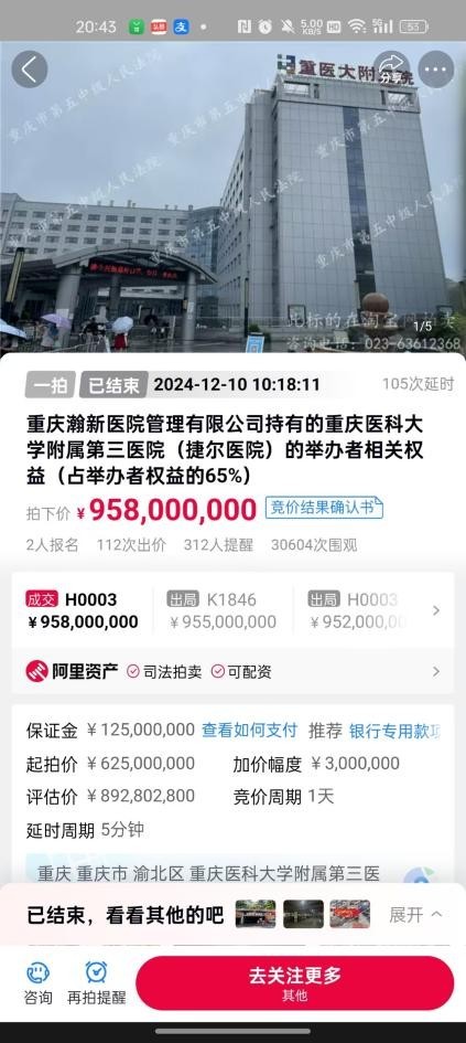 重庆医科大学附属第三医院拍卖成交 9.58亿高价落锤  第1张