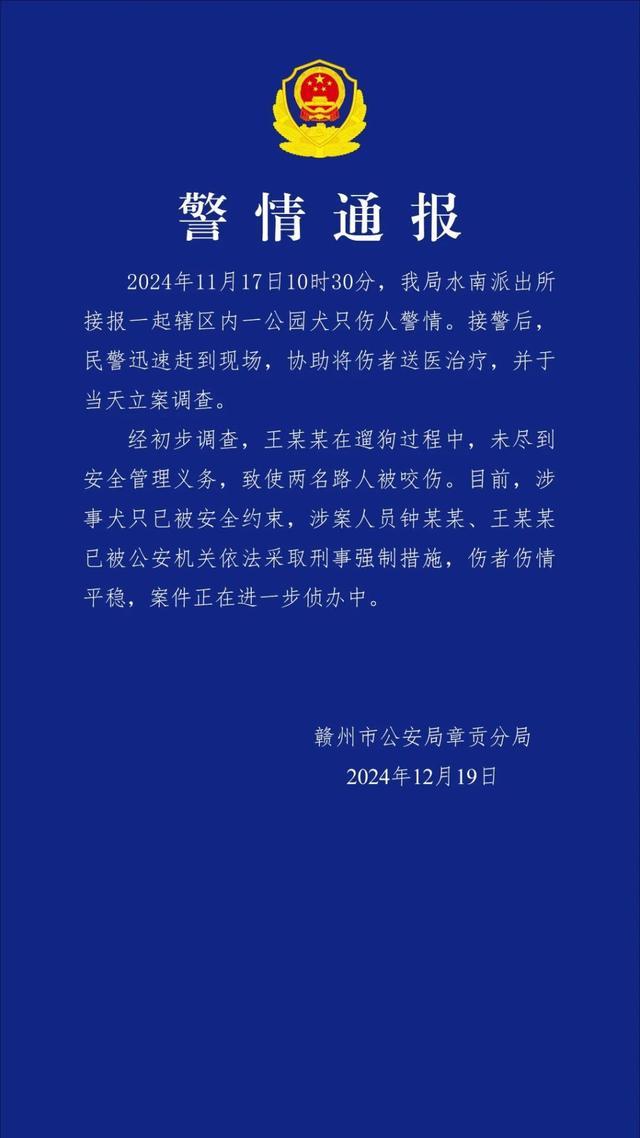 警方通报母女逛公园被狗咬伤 涉案人员被采取刑事强制措施  第1张