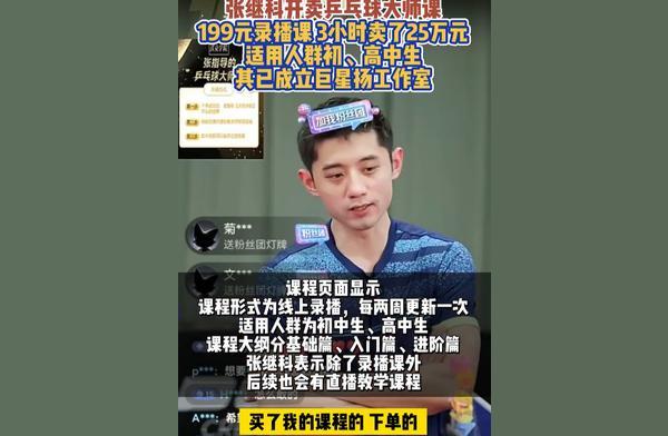 张继科199元录播课3小时卖了25万 直播教学将跟进  第1张