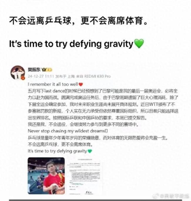 吴敬平回应樊振东退出世界排名 热爱不减退  第1张