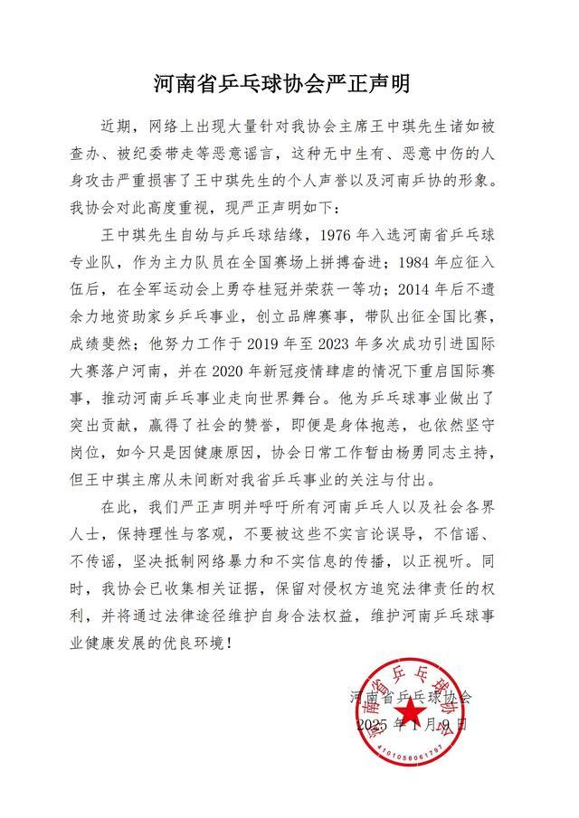 河南乒协辟谣王中琪被查 官方声明澄清事实  第1张